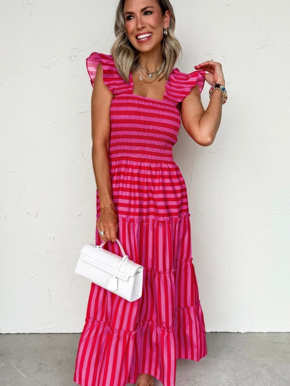 Women's Pink Striped Smocked Maxi Dress